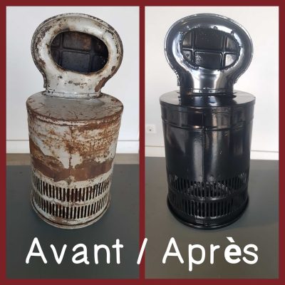 Avant/après d'une pièce en métal rénovée par thermolaquage